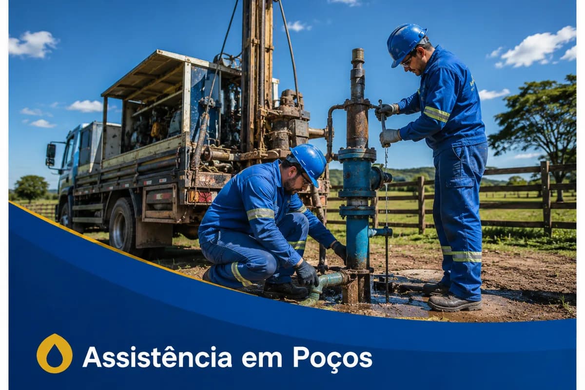 Técnicos realizando assistência em poço artesiano no campo