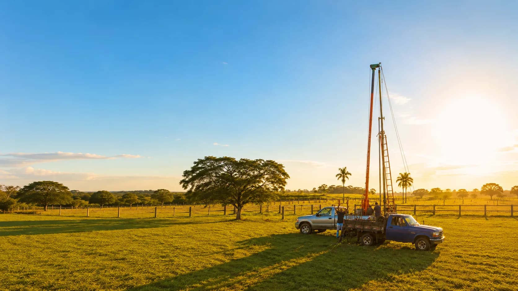 Perfuração de poço artesiano com perfuratriz e caminhões em uma fazenda ao entardecer