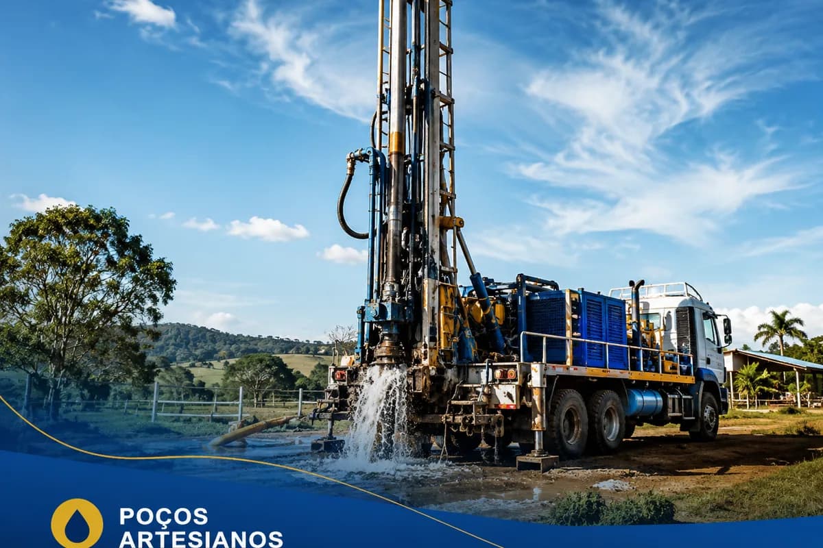 Equipe realizando a perfuração de um poço artesiano com equipamento pesado